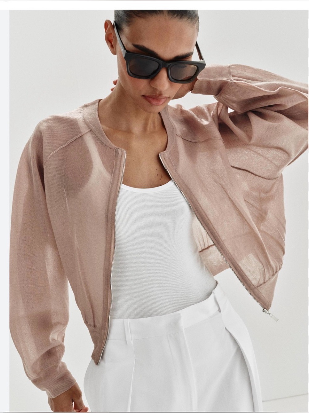 Zara Viral Knit Bomber Jacket Beige Pink Small